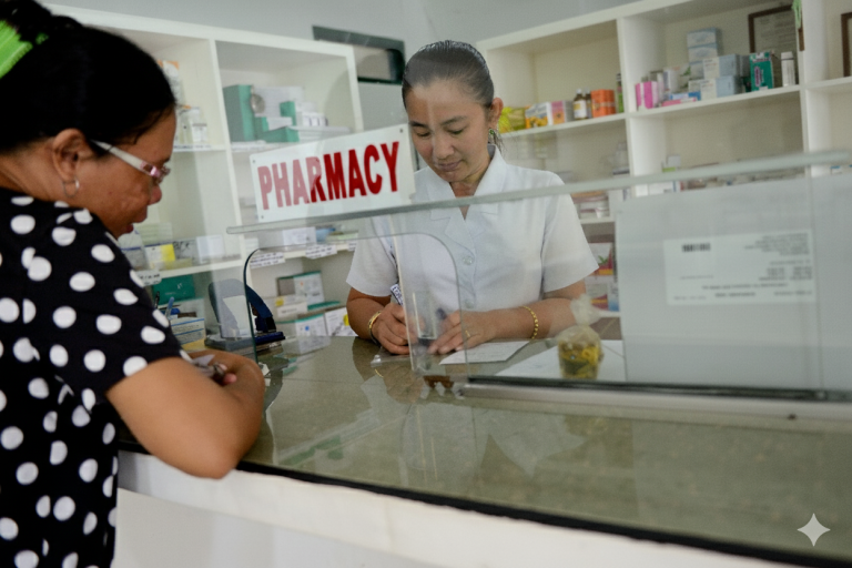 Es una farmacia donde aparece una farmacéutica dispensando medicamentos a otra persona.