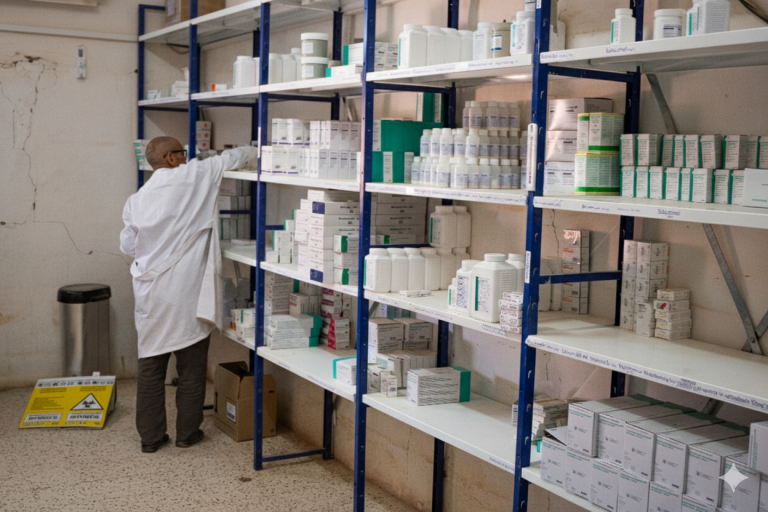 Un médico sirio está revisando un anaquel de medicinas.